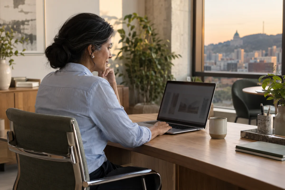 Une entrepreneure consulte brièvement son ordinateur en fin de journée dans un bureau calme.