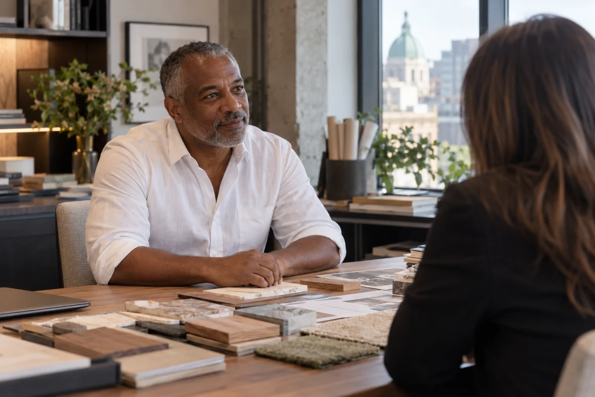 Un entrepreneur échange avec une cliente autour de matériaux dans son studio de design.