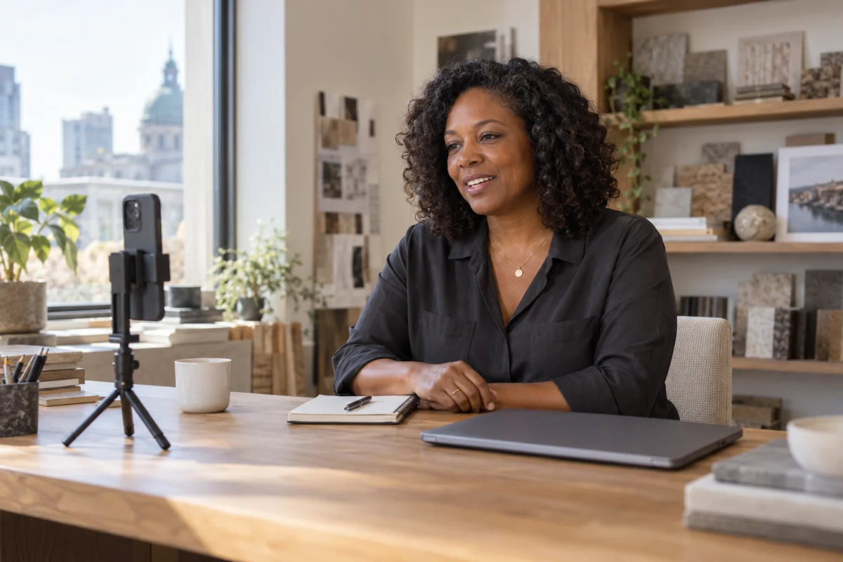 Une entrepreneure enregistre une vidéo face à son téléphone sur trépied dans son bureau.