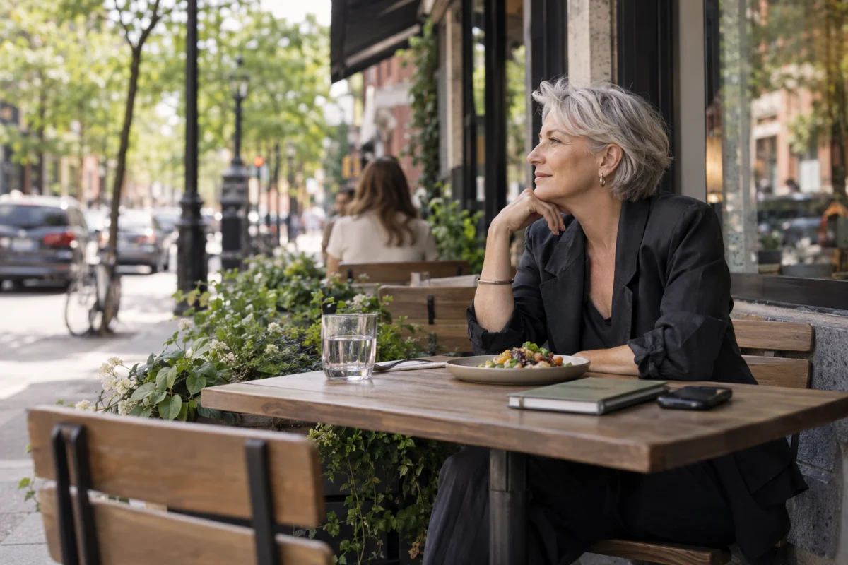 Une entrepreneure prend une pause déjeuner à une terrasse montréalaise, son téléphone posé face contre table.