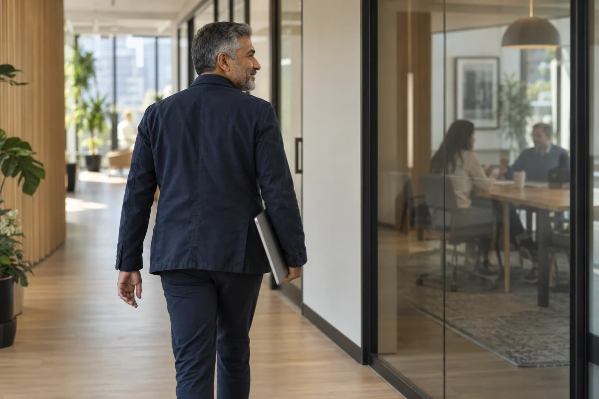 Un entrepreneur quitte une salle de réunion avec son ordinateur sous le bras.